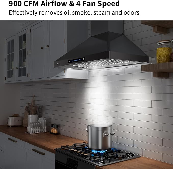 IKTCH 30-Inch Wall Mount Range Hood, 900 CFM, Stainless Steel, Gesture Sensing & Touch Control, 4-Speed Fan, Adjustable LED Lights, Ducted/Ductless Convertible