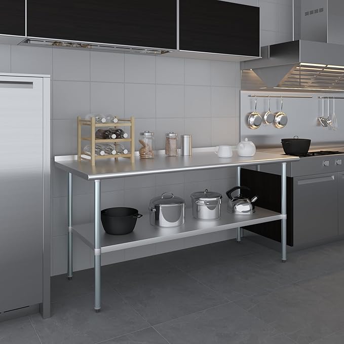 AmGood Stainless Steel Work Table with 1.5" Backsplash | Metal Kitchen Food Prep Table | NSF (72" Long x 30" Deep)