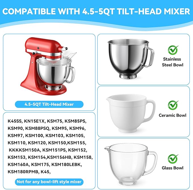 Pouring Shield for Kitchenaid Mixer, Splash Guard for Kitchenaid Tilt-Head Stand Mixers 4.5-5 Quart, Stand Mixer Pouring Shield for Kitchenaid Stainless Steel, Glass, Ceramic Bowls
