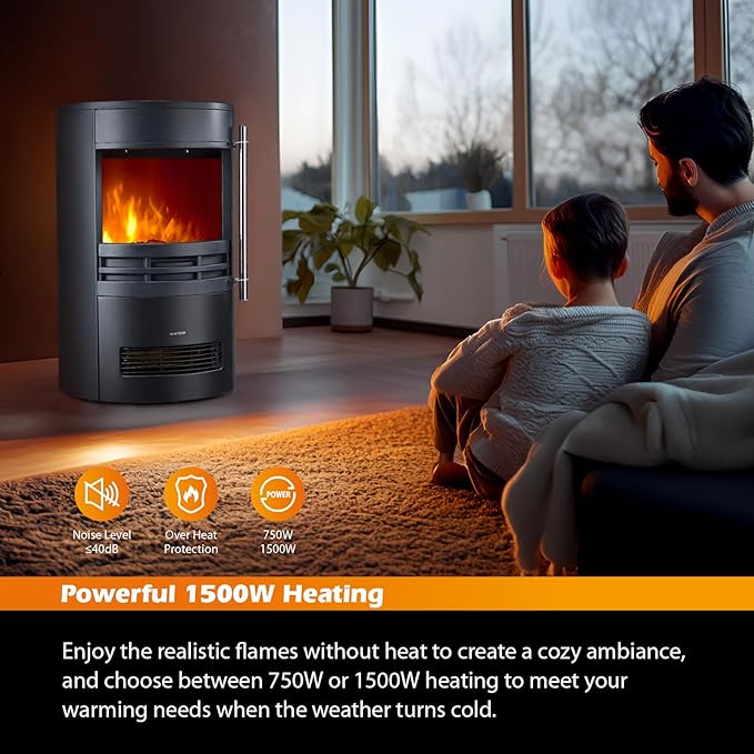 Freestanding Electric Fireplace Stove, 1500W Heater with Realistic 3D LED Log Flame, Adjustable Thermostat, 2 Heat Settings, Overheat Protection, Black Cast Iron Design for Indoor Use