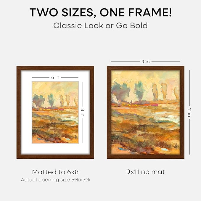 Homeforia 9x11 Picture Frame Brown, High End Dark Oak 9 x 11 Walnut Wooden Frames with Mat 6 by 8 Photo, 11x9 Wood Frame Matted to 6x8 Print, Wall or Tabletop Frame, Tempered Glass, Wall Kit, Set of 2