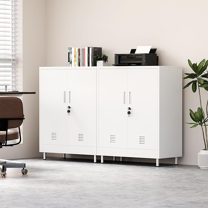 Metal Storage Cabinet with Locking Doors and 2 Adjustable Shelves, Lockable Storage Cabinet for Home Office Garage Pantry Living Room (White)