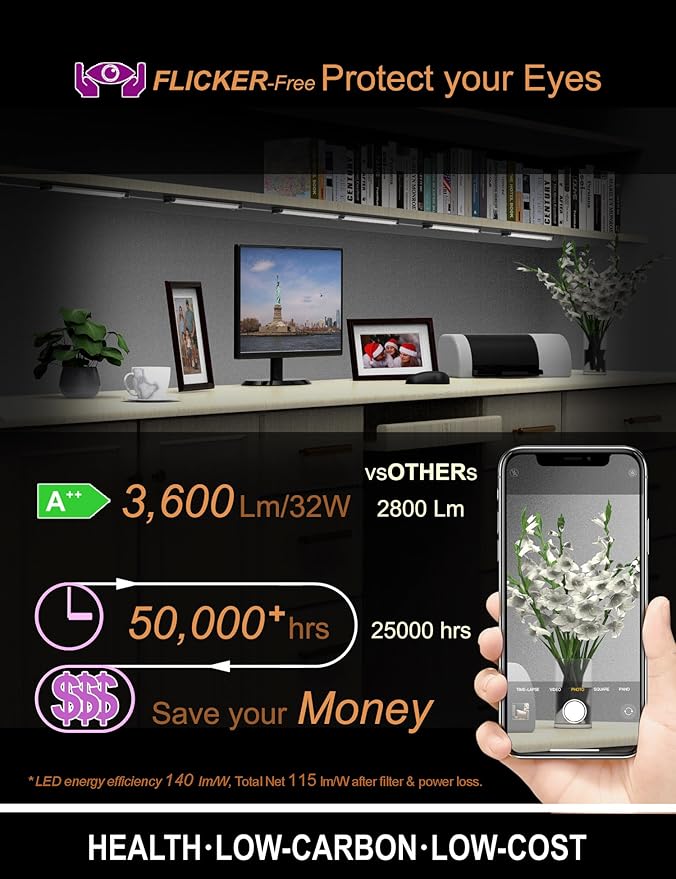 EBD LED Under Shelf Lighting 4-Way 1.2m Splitter Parallel Cabinet Lighting Built-in Adjustable Cable Counter Light Bar 8 Panels Bookcase Lighting Energy 3600Lm 6500K Display Lights for Shelves Closet