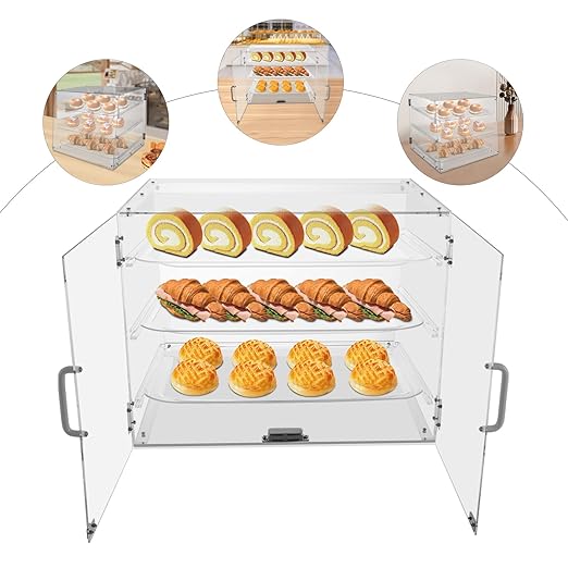 Pastry Display Case, 3 Tier Commercial Acrylic Display Cabinet, Countertop Dust Proof Bread Storage Case, Large Bakery Storage Box for Bakery, Coffee Shop, Snack Shop, Convenience Store