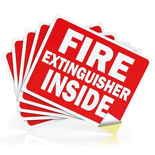 Fire Extinguisher Inside Sticker Sign - Safety Signs - 5 Pack - 4" X 5" - Durable Self Adhesive, Weatherproof & UV Protected - Red/White in Color - Ideal Decals for Trucks, Cabinets or Equipment