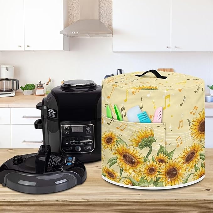 TODIYADDU Sunflower Music Notes Pressure Cooker Cover with Pocket Novelty Air Fryer Cover Dust Cover Insulated Kitchen Appliance Cover Protector for Pressure Cooker Instant Pot Accessories Gifts