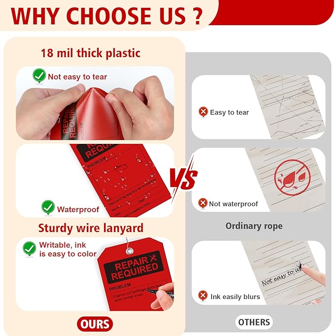 100 PCS Waterproof Repair Required Tags Red Repair Tags with Wire 3x5 Inch Service Tag Plastic Maintenance Required Tag with Iron Wire & Pen for Equipment Maintenance Service