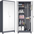 GREATMEET 72.8" H Metal Garage Storage Cabinets, Lockable Broom Closet Storage Cabinet with Doors and Shelves, Utility Cabinets for Storage Locker, Grey-White