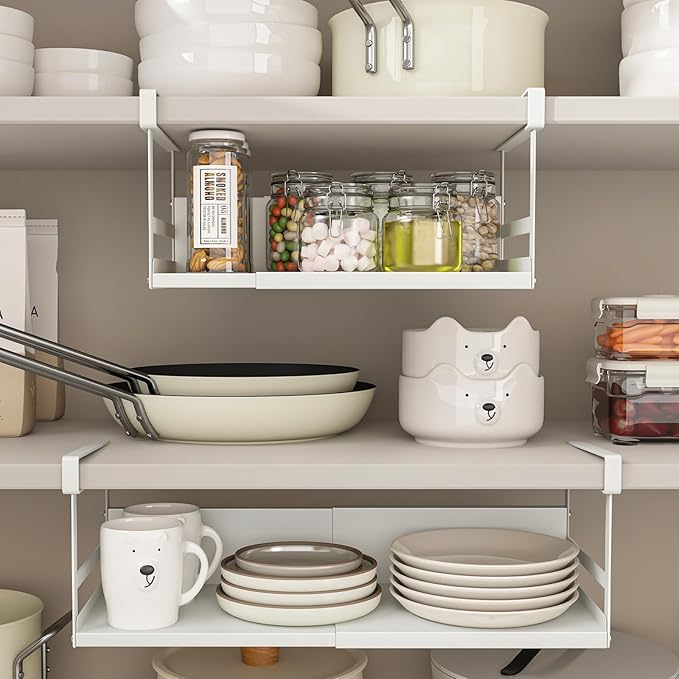 Expandable Under Cabinet Shelf Organizer with 1.25 Inches Thick Clips, Heavy Duty Extendable Under Shelf Storage Basket for Pantry or Laundry Room, White, 1 Pack, Interior: 5.7" H x 8.54" D