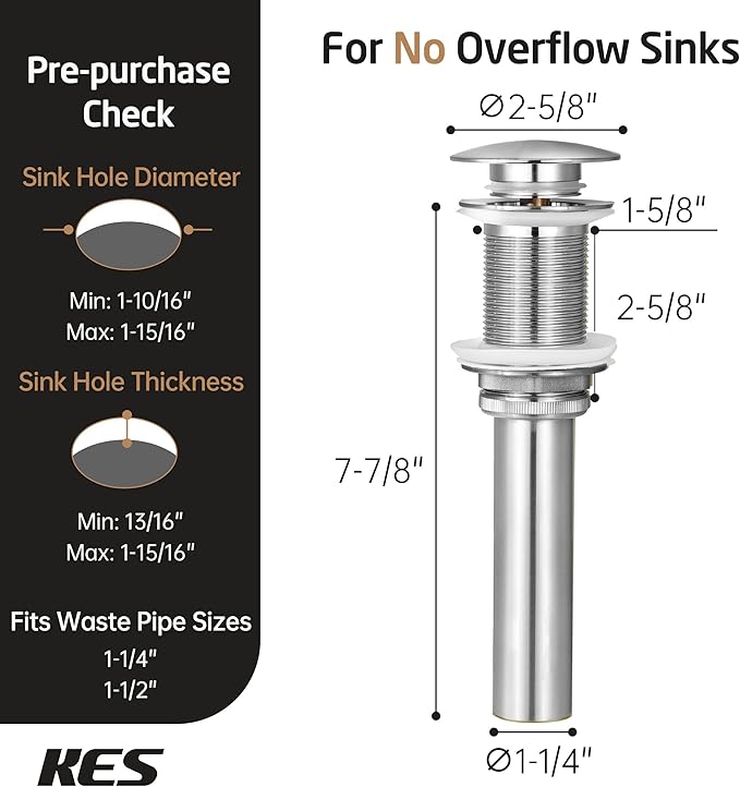 KES Bathroom Sink Drain Without Overflow Vessel Sink Lavatory Vanity Pop Up Drain Stopper Brushed Nickel Finish for 1.6"-1.9" Sink Hole, S2008D-BN