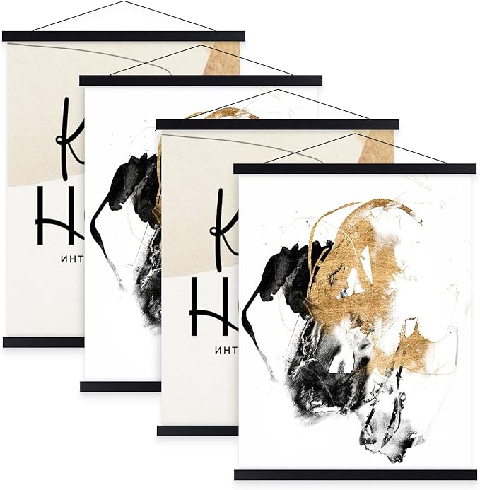 4 Pack 9x12 9x24 9x13 Poster Frame, Magnetic Light Wood Frame Hanger for Photo Picutre Canvas Artwork Art Print Wall Hanging (4 Packs, 9", Black)