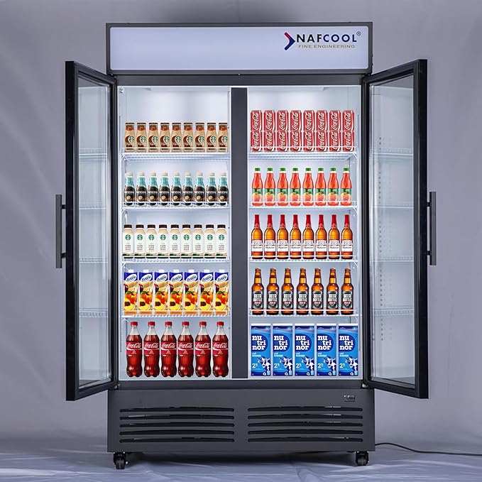 Commercial Beverage Refrigerator Display Fridge,Two Glass Door Upright Merchandiser Drink Cooler with LED Light Adjustable Shelves,46 Cu Ft,ETL Sanitation,(Wheels Included)