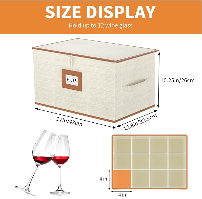 Aokeyee 2-Pack Wine Glass Storage Box with Dividers, Hard Shell Stemware Case Holds 24 Crystal Glasses & Drinkware, for Moving & Protection, Ivory