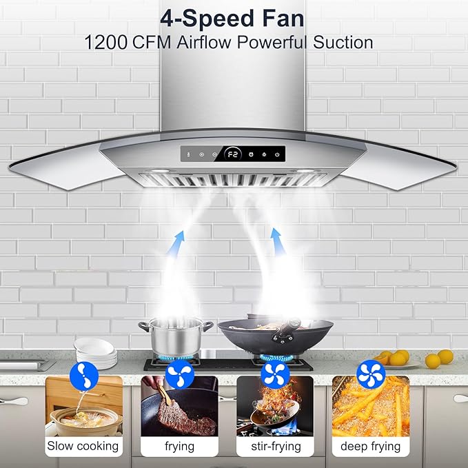 36 inch Wall Mount Range Hood, 1200 CFM with 4-Speed Gesture Sensing & Touch Control, Stainless Steel Ducted Kitchen Stove Vent Hoods with 2 LED Lights, Time Setting, Dishwasher-Safe Baffle Filters