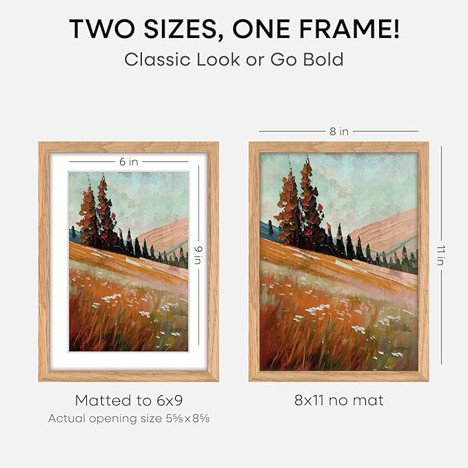 Homeforia 8x11 Picture Frame Wood, High End Natural Oak 8 x 11 Light Wooden Frames with Mat 6 by 9 inch Photo, 8by11 Frame Matted to 6x9 Art, Wall or Tabletop Frame, Tempered Glass, Wall Kit, Set of 2
