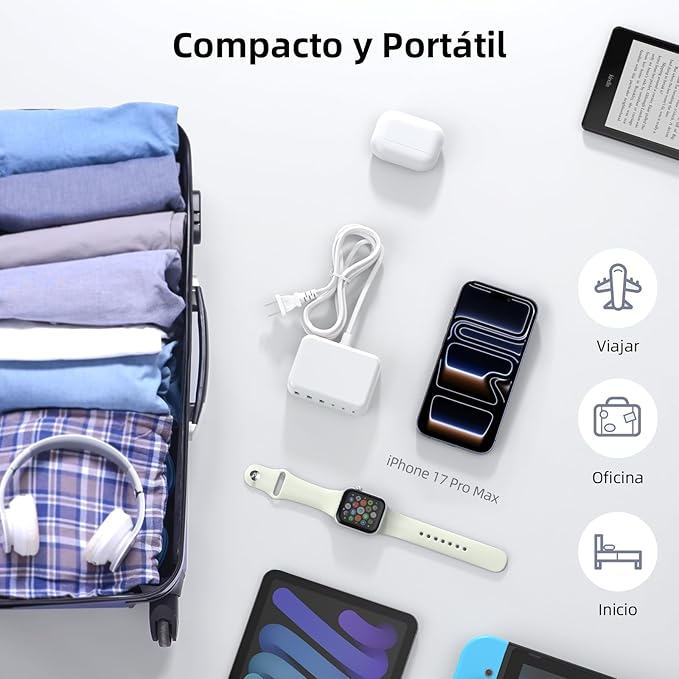 USB C Charger Block, 100W GaN 6 Port PD USB C QC USB A Wall Charger Adapter Plug Cube, Super Fast Type C Charging Station Hub for iPhone 17 16 15 14 13 Pro Max iPad Samsung Pixel 5ft Extension Cord