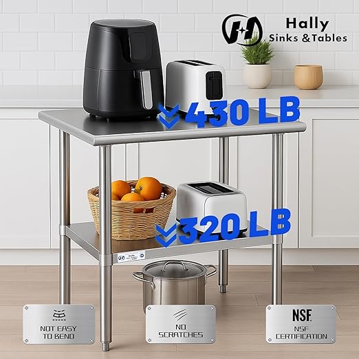 Hally Stainless Steel Table for Prep & Work 24 x 36 Inches, NSF Commercial Heavy Duty Table with Undershelf and Galvanized Legs for Restaurant, Home and Hotel