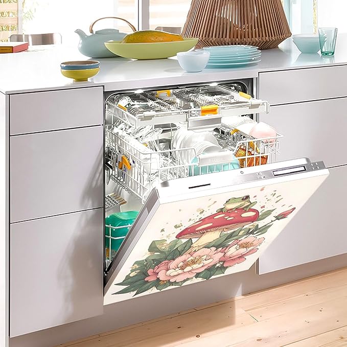 Dishwasher Magnet Cover, Mushroom Frog Flower Magnet Sticker Fridge Panel Decal for Home Kitchen Decor, 23x26in