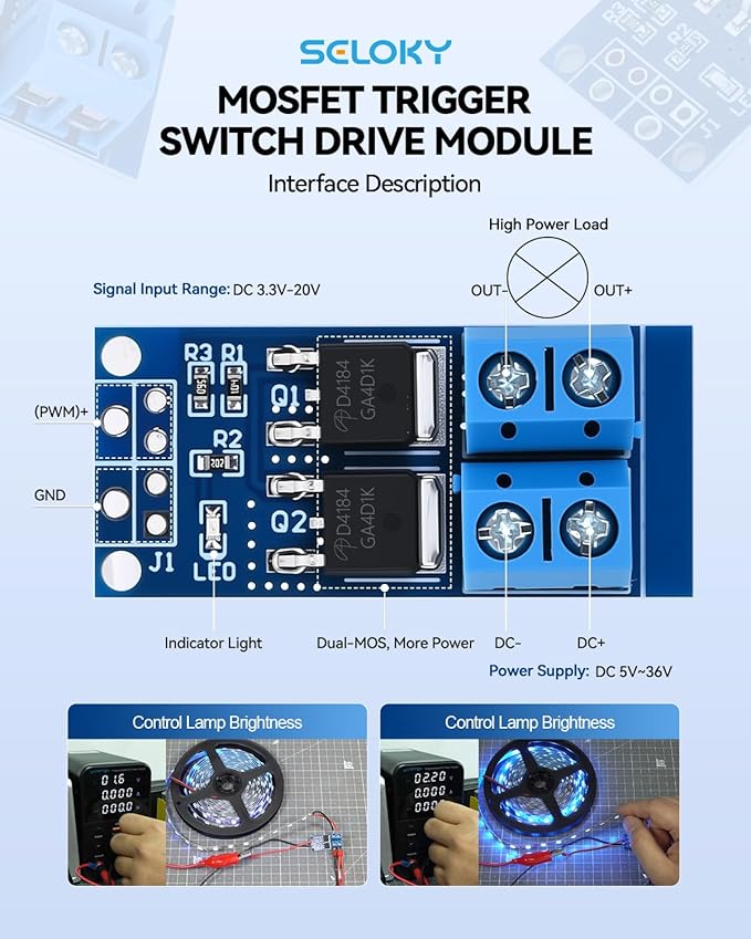 6PCS Dual High-Power MOSFET Trigger Switch Drive Module 0-20KHz PWM Adjustment Electronic Switch Control Board Motor Speed Controller Lamp Brightness Control, DC 5V-36V 400W, 15A (Max 30A)