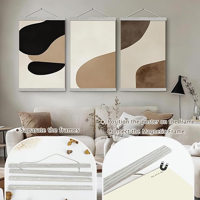 2 Pack Magnetic Poster Hanger Frame, 15x36 15x30 15x21 Light Wood Wooden Magnet Canvas Artwork Print Dowel Poster Hangers for Frames Hanging Kit (Grey, 15", 2 Packs)