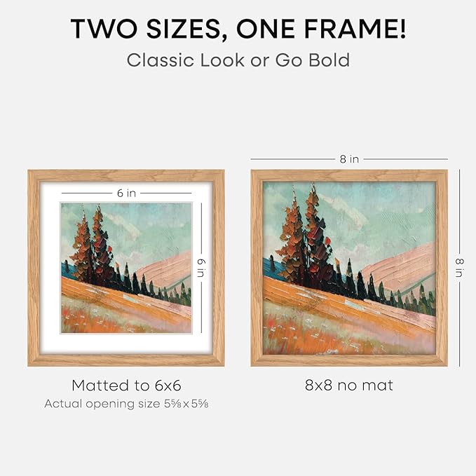 Homeforia 8x8 Picture Frames Wood, High-End Natural Oak 8 x 8 Square Frames with Mat 6 by 6 inch Photo, 8by8 Light Wooden Frames Matted to 6x6 Print, Tabletop Frame, Tempered Glass, Wall Kit, Set of 2