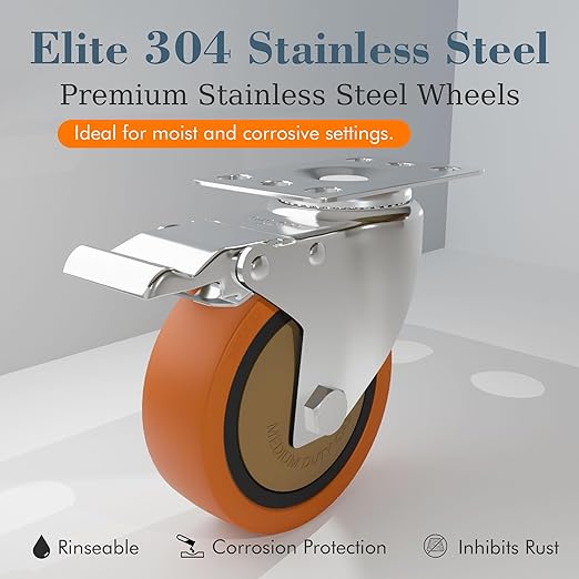 4 Inch 304 Stainless Steel Swivel Caster with Brake, Set of 2, Heavy Duty Industrial & Commercial Anti-Corrosion Casters for Hospital, Lab Equipment, Food Service, Furniture