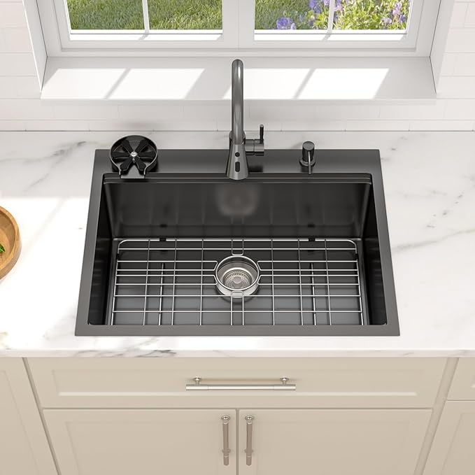 Dcolora 28 In. Black Kitchen Sink with Cup Washer, Large Single Bowl Drop In Installation, Heavy Duty 16 Gauge 304 Stainless Steel, Workstation with Valued Accessories, 28"x22"x10" #DC-T2533002BWS