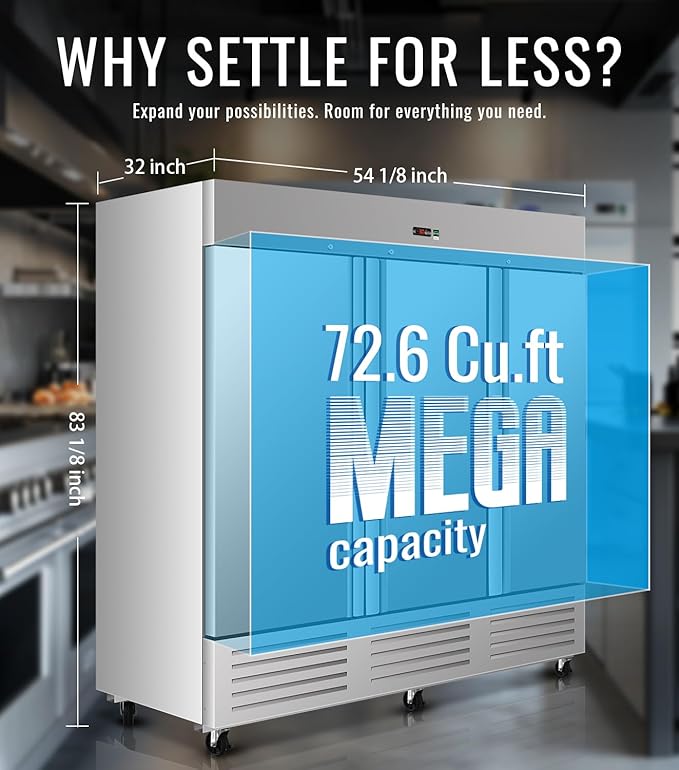81" W Commercial Refrigerator, 72.6 Cu.ft Reach-In Triple Door Stainless Steel commercial fridge, 9 Shelves, Fan Cooling, Auto Defrost, Digital Thermostat - Ideal for Restaurant, Bar, Cafe, Shop