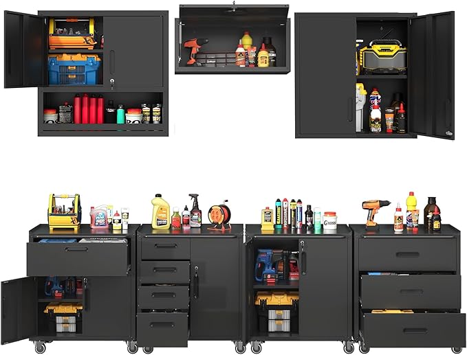 Metal Tool Cabinet,Garage Storage Cabinet System,Wall Cabinet & Locking Rolling Tool Cabinet with Doors and Adjustable Shelves,Steel Tool Cabinets for Home (7 Pcs-StyleA, Black)