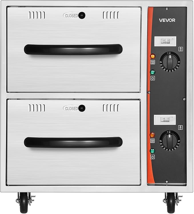 VEVOR Commercial Electric Drawer Warmer,2 Full-Size Pan Stainless Steel Food Warmer,Freestanding Standard Warming Drawer Cabinet,85°F–185°F Wide Temperature Range,for Restaurant, Hotel Buffet & Bakery