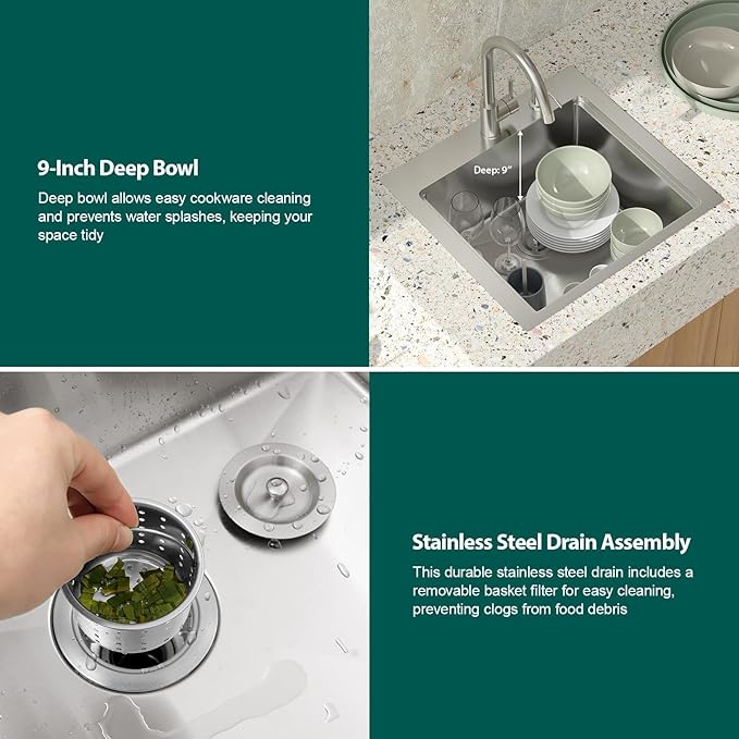 Outdoor Kitchen Sink - 21 x 20 Inch Outdoor Sink Drop In Workstation Stainless Steel 16 Gauge Topmount Single Bowl Small Wet Bar Sinks with Faucet & Premium Stainless Steel Cover #TLT-0030