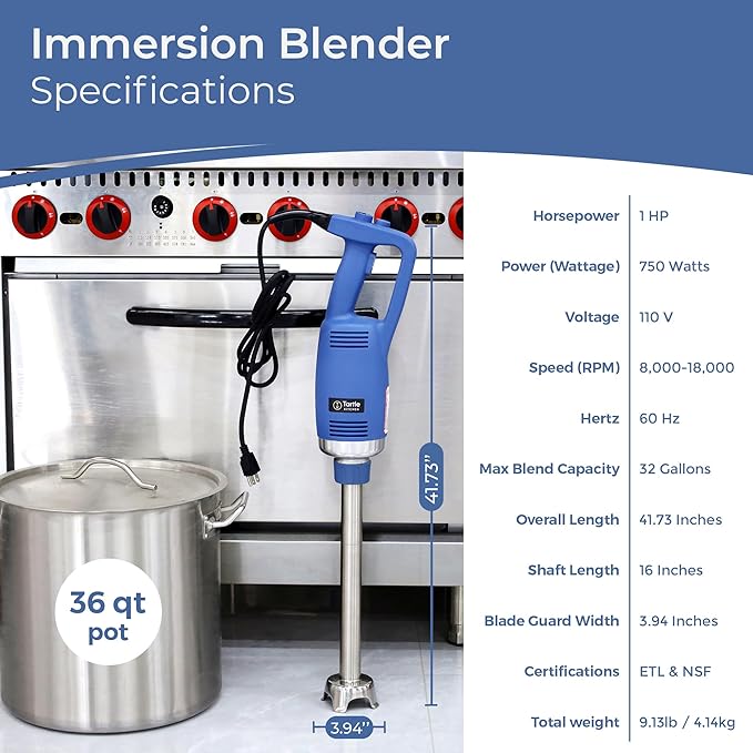 TK Commercial Immersion Blender, 750 Watt/1 HP Variable Speed Motor, 20,000 RPM X-Heavy Duty with Performance Assurance - 16"
