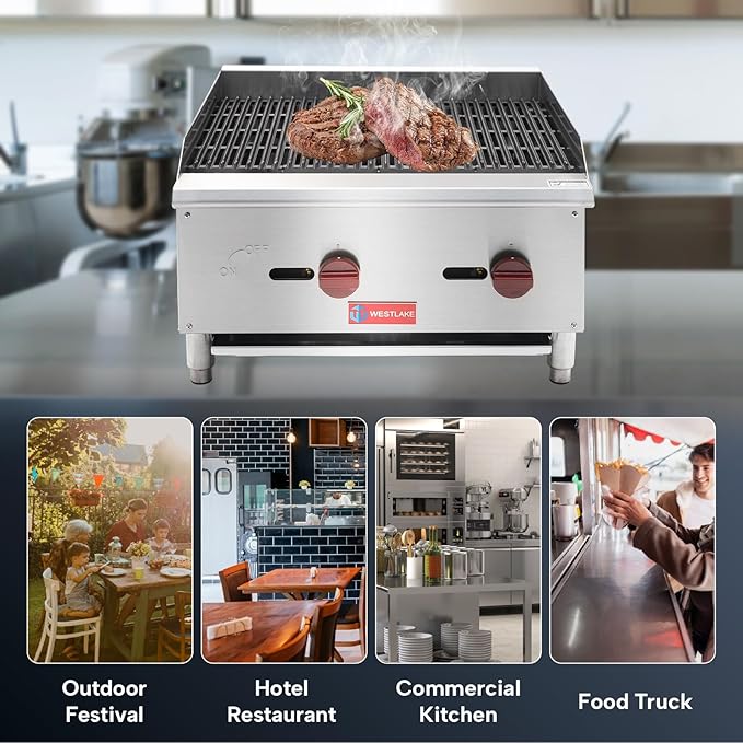 WESTLAKE 24"W Commercial Charbroiler Gas Countertop 2 Burner Natural Gas and Propane 60,000 BTU Char Broiler Stainless Steel BBQ Stove Grill for Restaurants
