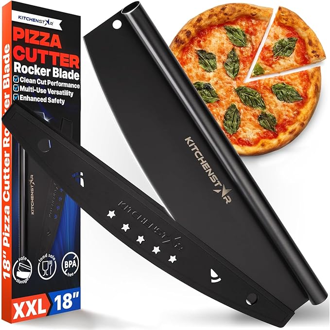 KitchenStar 18-Inch Pizza Cutter Rocker Blade - Sharp Stainless Steel Slicer Knife, Protective Cover, Black Nonstick, Extra Large - Commercial Pizza Oven Accessories