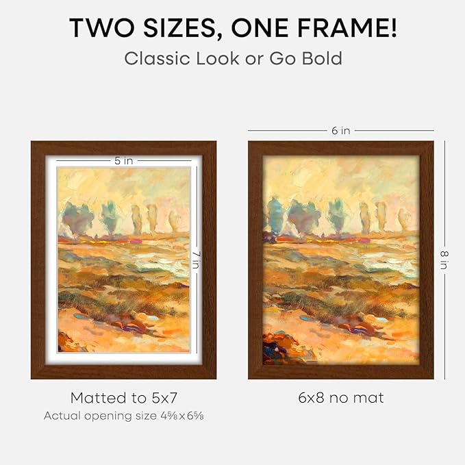 Homeforia 6x8 Picture Frame Brown Wood, High End Dark Oak 6x8 Walnut Wooden Frames with Mat 5x7 Photo, 6 x 8 Frame Matted to 5 x 7 Print, 8x6 Wall or Tabletop Frame, Tempered Glass, Wall Kit, Set of 3