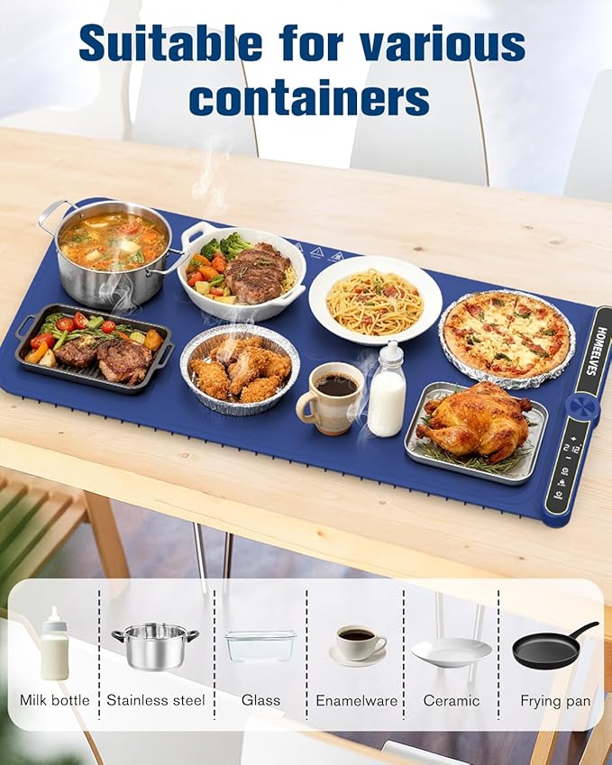 Food Warming Mat Extra Large, Rapid Heating Electric Warming Tray with 9 Temp Setting and 6 Hours Timer,Foldable Warming Trays for Food, Portable Food Warmers for Parties Buffet, Blue