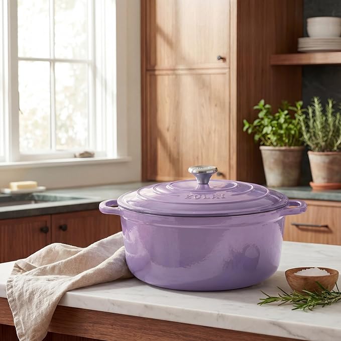 Zulay Kitchen 6 Quart Enameled Cast Iron Dutch Oven Pot with Lid – Premium Durability & Oven Safe up to 500°F – Heavy Duty Cookware Perfect for Bread Baking, Stews, Braising & Roasting – Lavender Jade