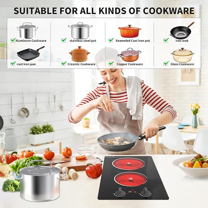 Electric Cooktop,110V 2100W Stove top,Countertop and Built-in 2 burner cooktop,9-speed power, child safety lock, timer, knob and touch control 2 burner Electric cooktop