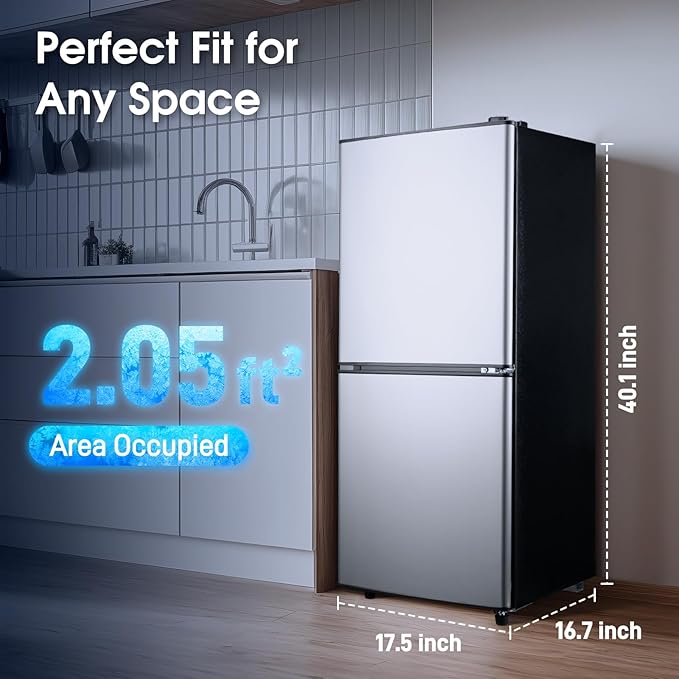 4.0 Cu.Ft Fridge with Bottom Freezer, Double Door Refrigerator with Drawer, 7 Level Temperatures, Adjustable Shelves for Bedroom, Dorm, Office, Apartment, Silver