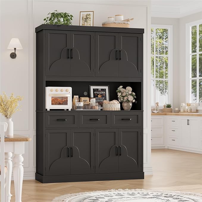 HITHOS 76" Tall Kitchen Pantry Storage Cabinet, 55“ Wide Kitchen Hutch Cabinet with Storage Drawers, Large Food Pantry with Microwave Stand, Modern Cupboard with Hutch for Dining Living Room, Black