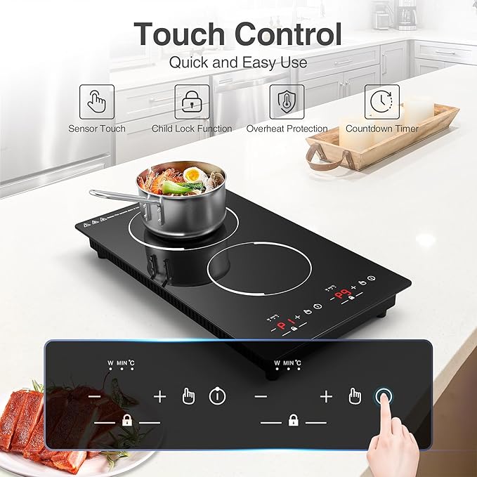 Double Induction Cooktop,110V 2 Burner Induction Cooktop,2300W Electric Stove Top with Independent Control, Ultrathin Body, 9 Temperature, Multiple Power Levels, 2 Hour Timer, Safety Lock
