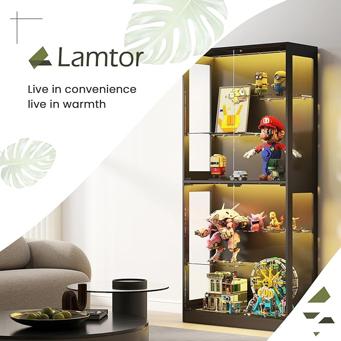 69-Inch Glass Display Cabinet - Curio Cabinet with RGB Lighting, Adjustable Shelves Display Case, for Game Room, Living Room, Bedroom, Black