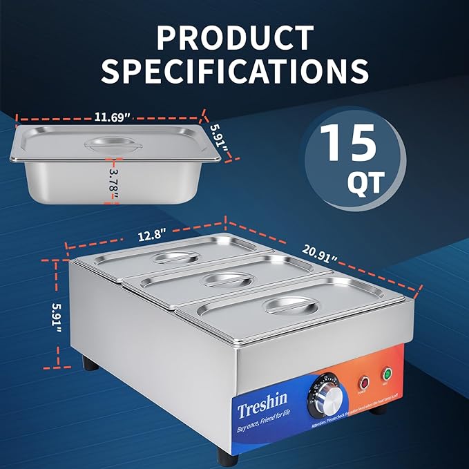 Treshin 3 Pan Commercial Food Warmer, Stainless Steel Bain Marie Food Warmers Steam Table 15 Qt 1200W with Temperature Control & Lid for Home, Catering, Restaurants