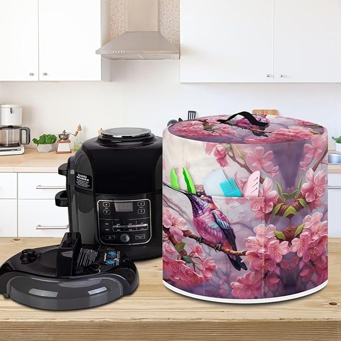 TODIYADDU Sweet Hummingbird Air Fryer Cover for 3 Quart Instant Pots Floral Print Kitchen Appliance Dust Cover with Pocket Lightweight Round Protective Cover for Rice Cooker Coffee Maker