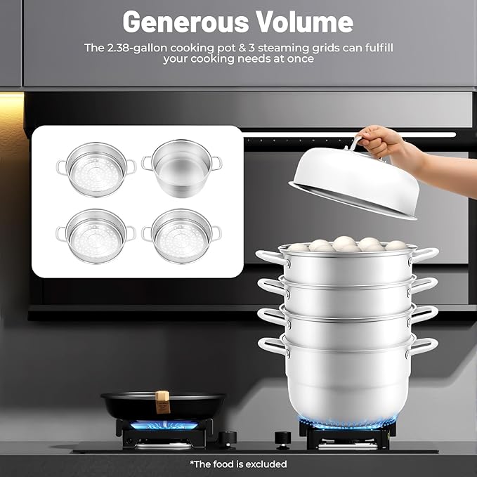 Steamer 32.5cm/12.8in, 5-tier Stainless Steel Steam Cooker w/Visual Lid & Handles, Home Round Stackable Multipurpose Steam Pot for All Stoves (1xBottom Pot, 3xSteaming Baskets, 2xSteaming Slices)