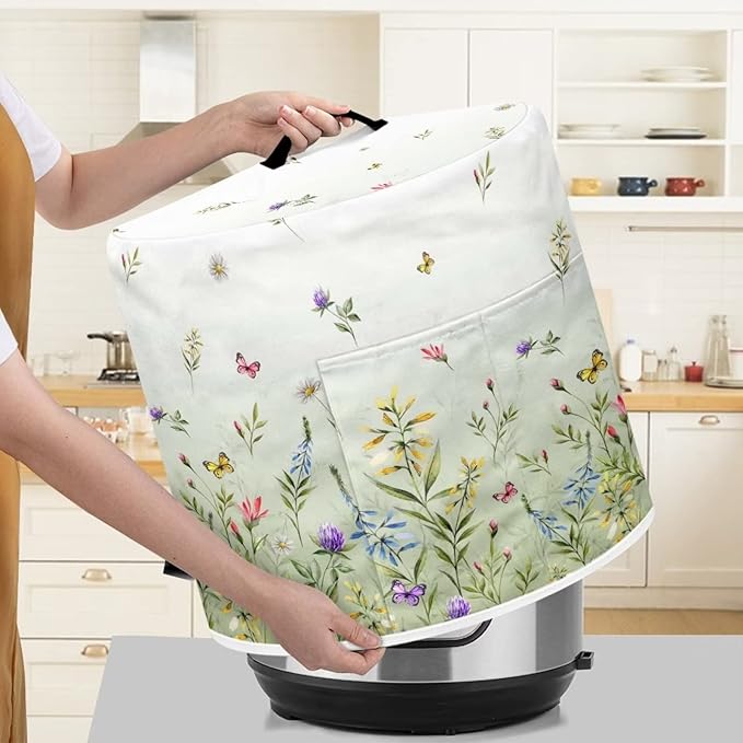 Dust Cover for 6 Quart Pressure Cooker and Extra Accessories, Dust Proof Easy to Clean Cover Electric Appliance Air Fryer Accessories with Storage Pocket, Floral Green
