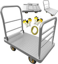 2IN1 42"×25" Platform Truck Cart 2200lbs Heavy Duty Flatbed Cart Dolly w/Detachable Rear Guardrail and Swivel Casters, Push Cart, Work Gloves 2Pairs & 1 Bunge Cord Included
