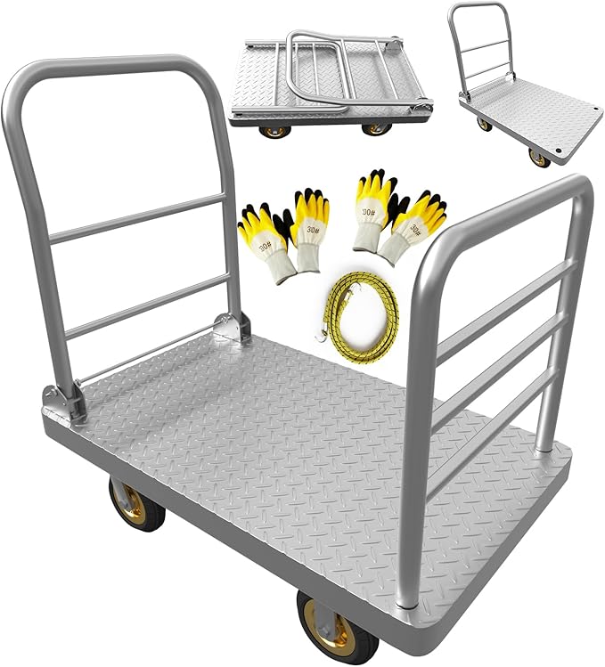 2IN1 42"×25" Platform Truck Cart 2200lbs Heavy Duty Flatbed Cart Dolly w/Detachable Rear Guardrail and Swivel Casters, Push Cart, Work Gloves 2Pairs & 1 Bunge Cord Included