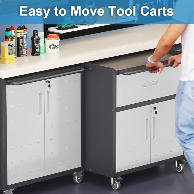 Garage Storage Cabinet with Wheels Metal Garage Cabinets with Drawer Heavy Duty Steel Rolling Tool Cabinet with Lock Rolling Tool Cart Mobile Cabinet for Warehouse Basement, Assembly Required