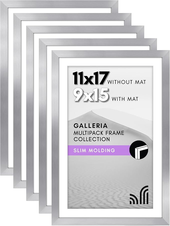 Americanflat 11x17 Picture Frame with Polished Plexiglass - Set of 5 - Use as 9x15 Frame with Mat or Display 11x17 Photo Without Mat - Galleria Collection - Picture Frames for Wall Display - Silver